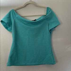 Turquoise Ribbed Scoop Neck Top short sleeve Classic feminine 7th ave design XL